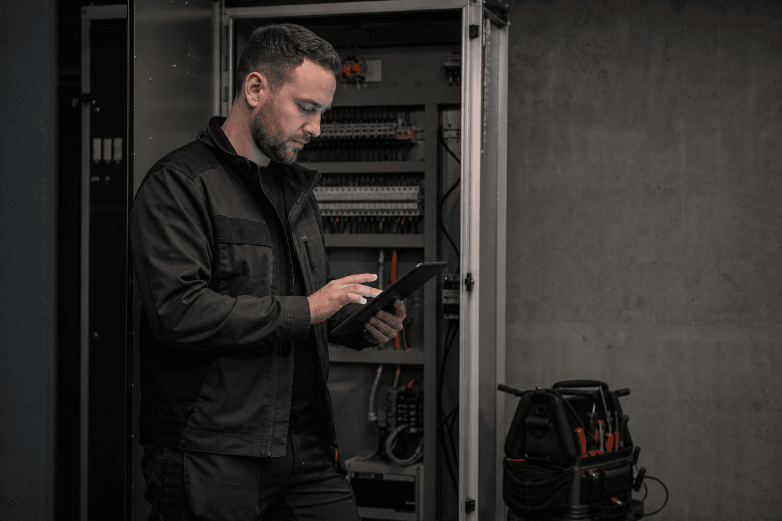 Elektrotechniker bearbeitet einen mobilen Arbeitsauftrag auf einem Tablet