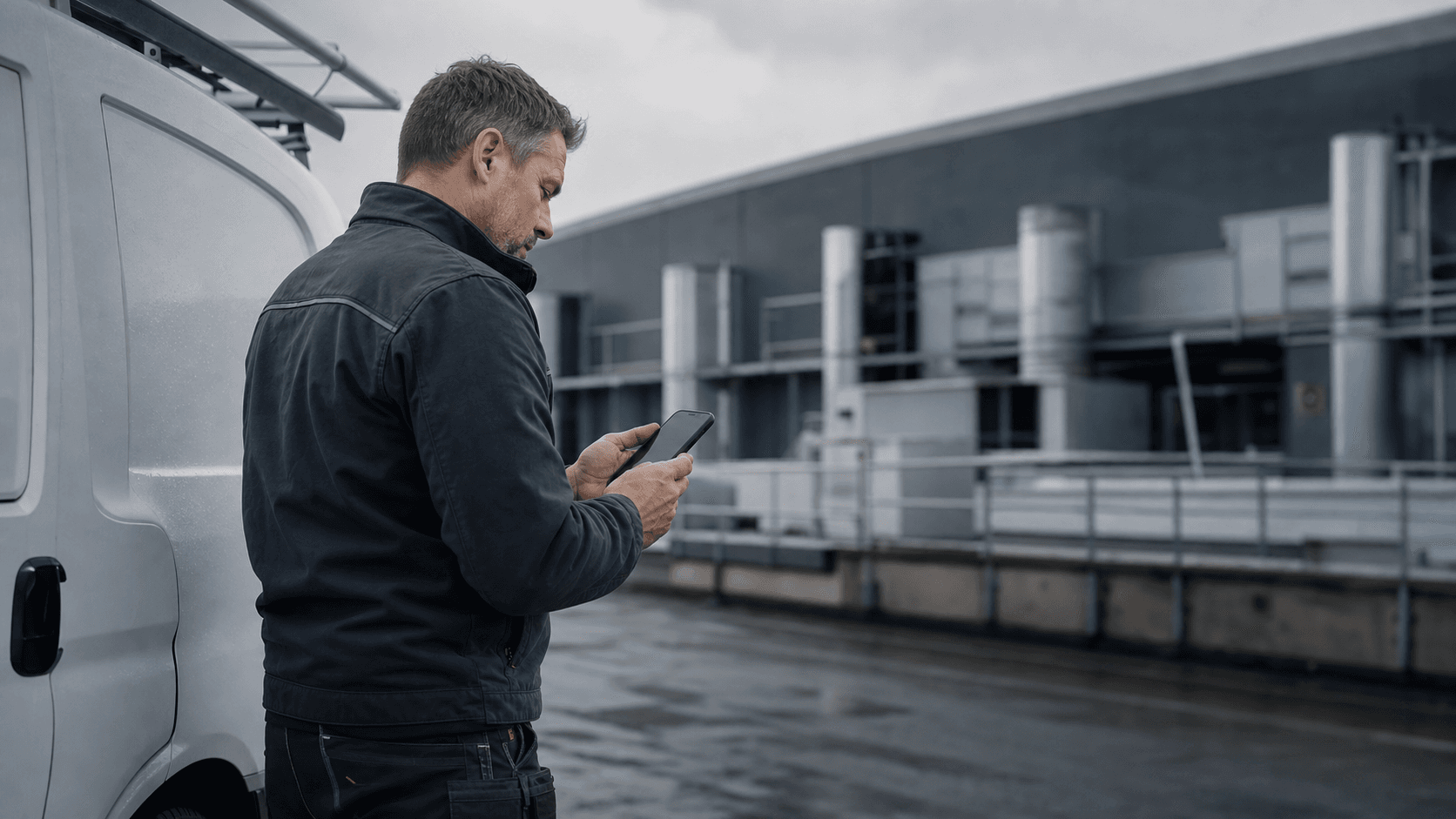 Servicetechniker prüft einen digitalen Arbeitsauftrag am Einsatzort
