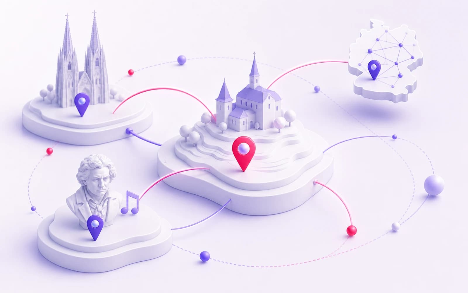 3D-Regionenkarte mit Siegburg, Bonn, Köln und digitaler Verbindung zu deutschlandweiten Projekten