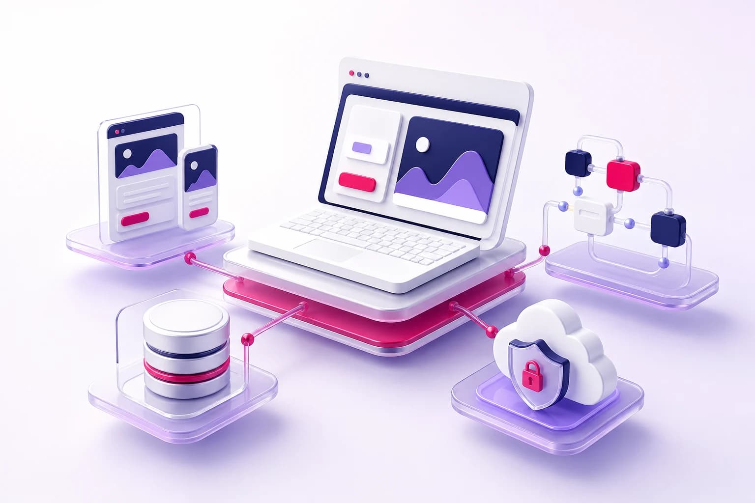 3D-Darstellung einer verbundenen Webplattform mit Oberfläche, Daten, Logik und sicherem Betrieb