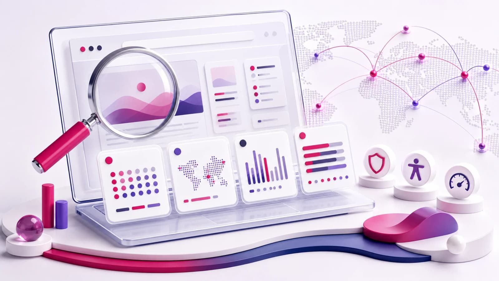 3D-Darstellung einer regionalen Website-Analyse mit Browser, Prüfkarten und Auswertung