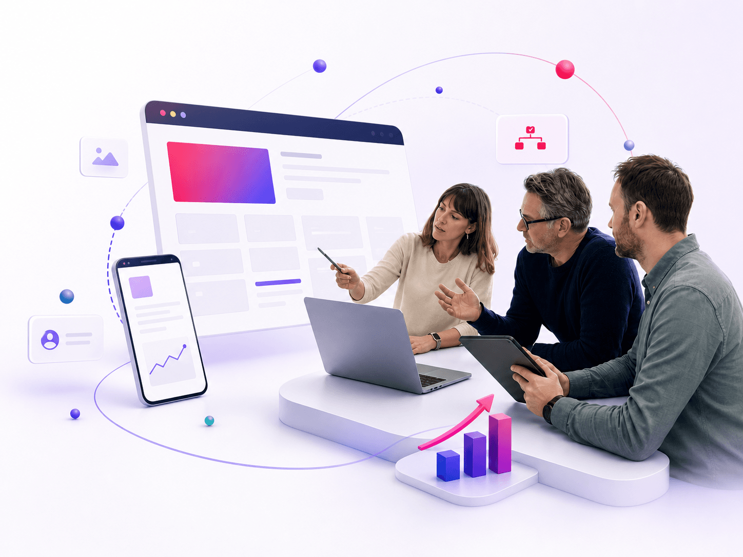 Team einer regionalen Webdesignagentur entwickelt gemeinsam das Konzept für eine Unternehmenswebsite