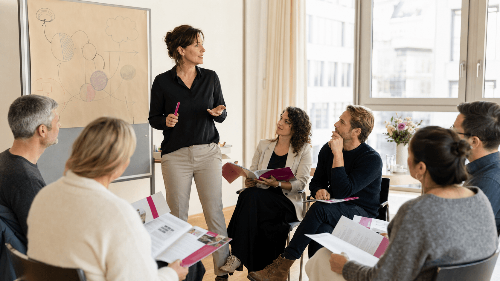 Trainerin leitet eine berufliche Weiterbildung mit einer kleinen Teilnehmergruppe
