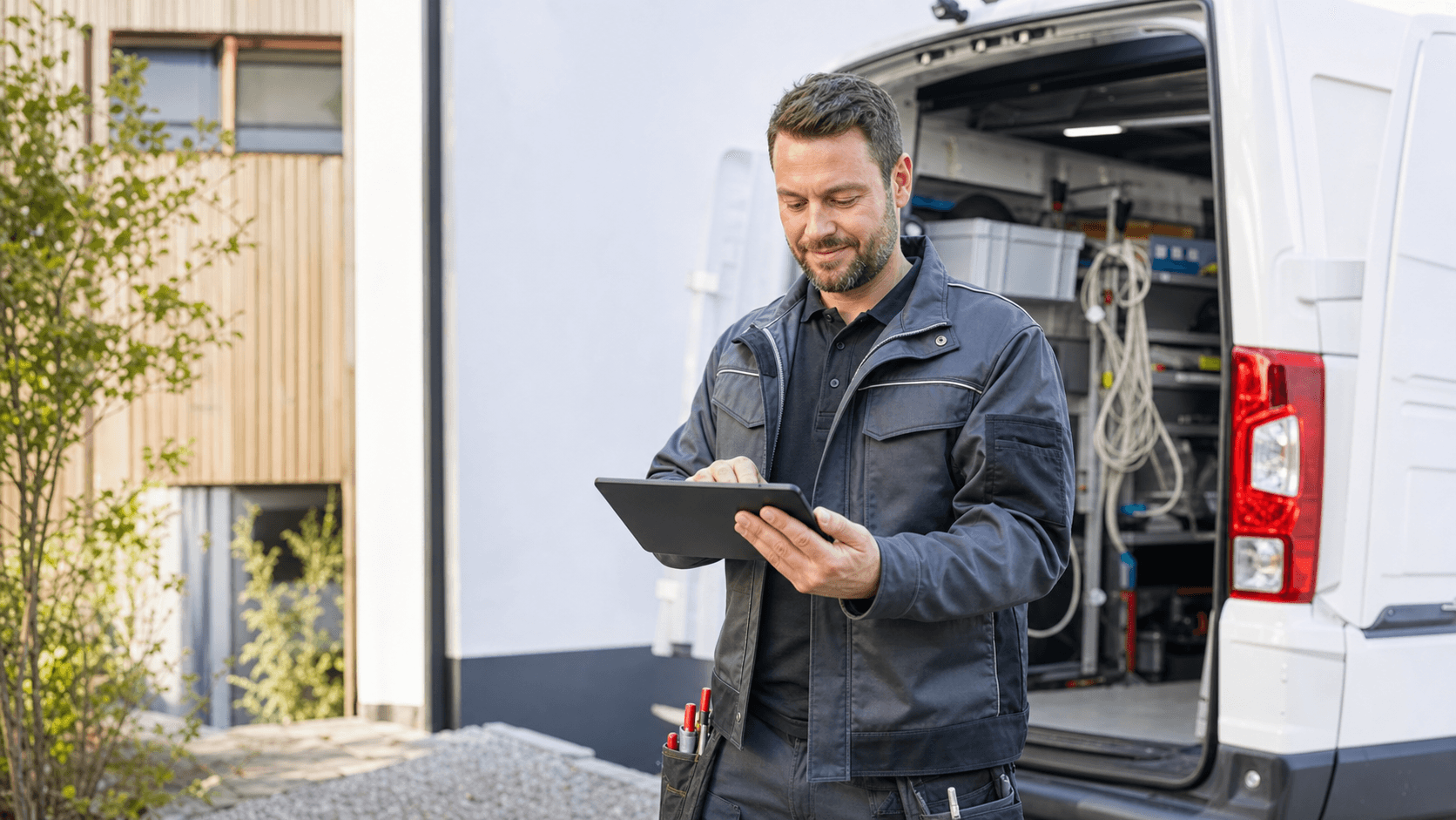 Techniker nutzt vor einem Servicefahrzeug ein Tablet
