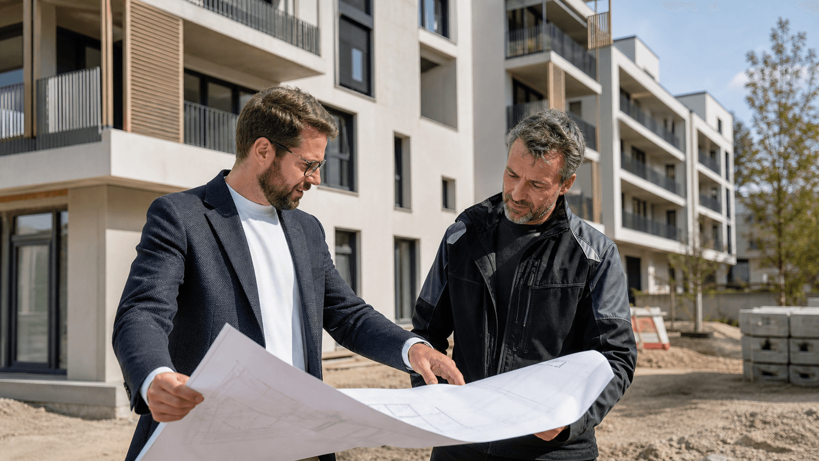 Projektentwickler und Bauleiter stimmen Pläne an einem Wohnprojekt ab