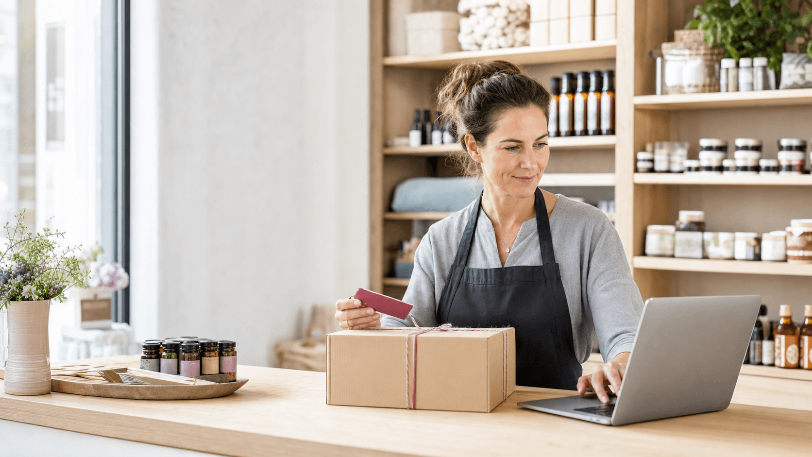 Inhaberin eines Fachgeschäfts bereitet eine Onlinebestellung vor