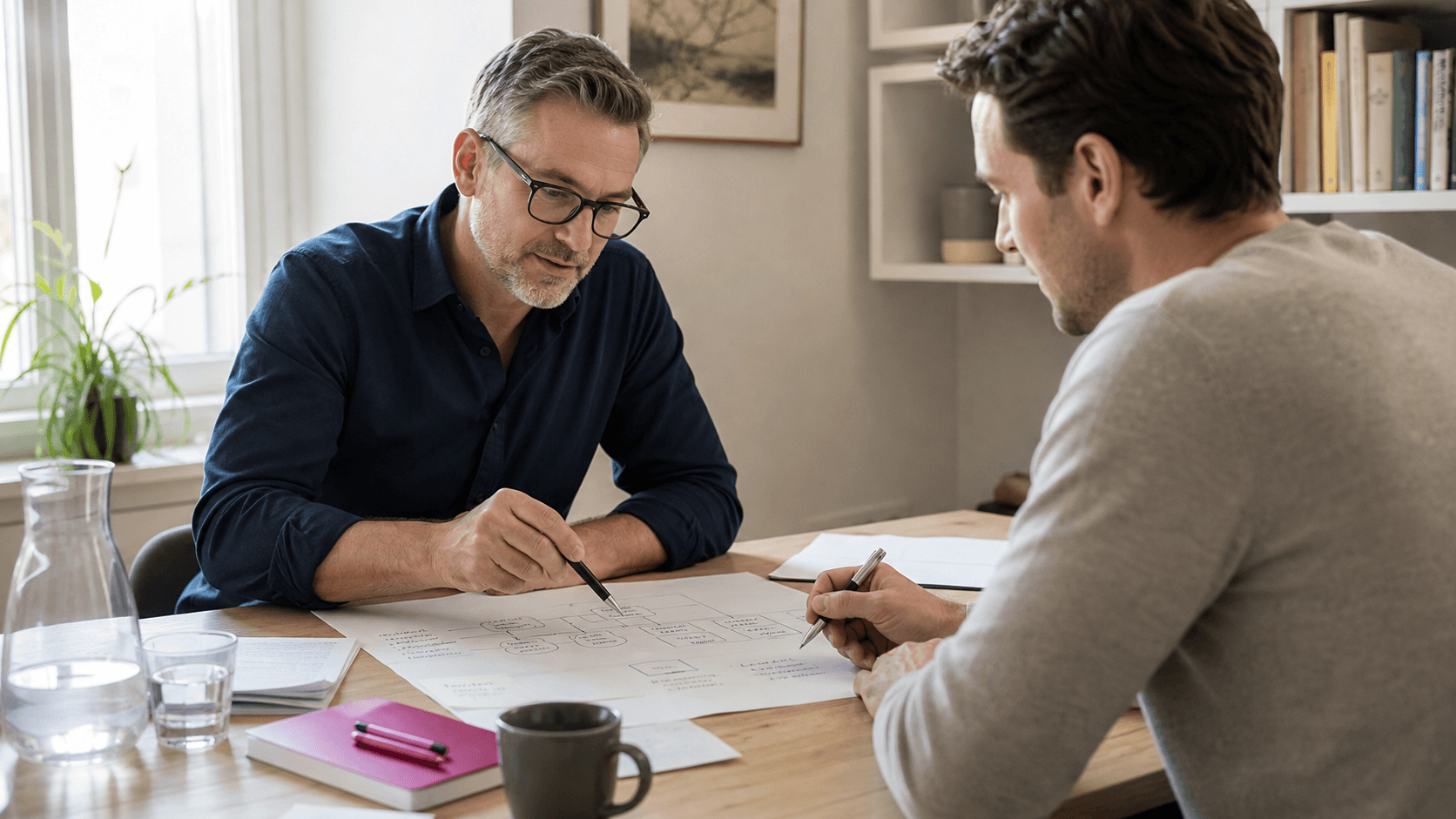 Zwei Unternehmer entwickeln im persönlichen Gespräch eine digitale Prozesslösung