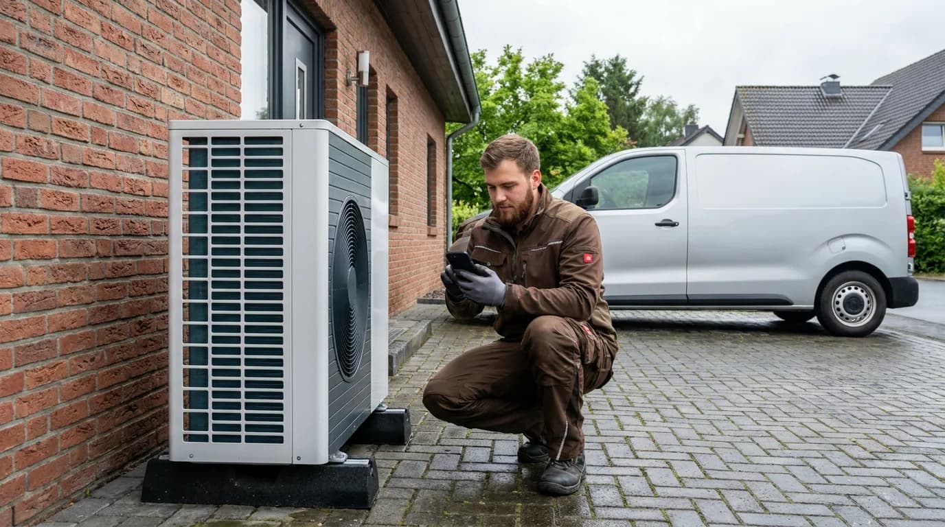 Servicetechniker prüft einen digitalen Arbeitsauftrag an einer Wärmepumpe im Rhein-Sieg-Kreis