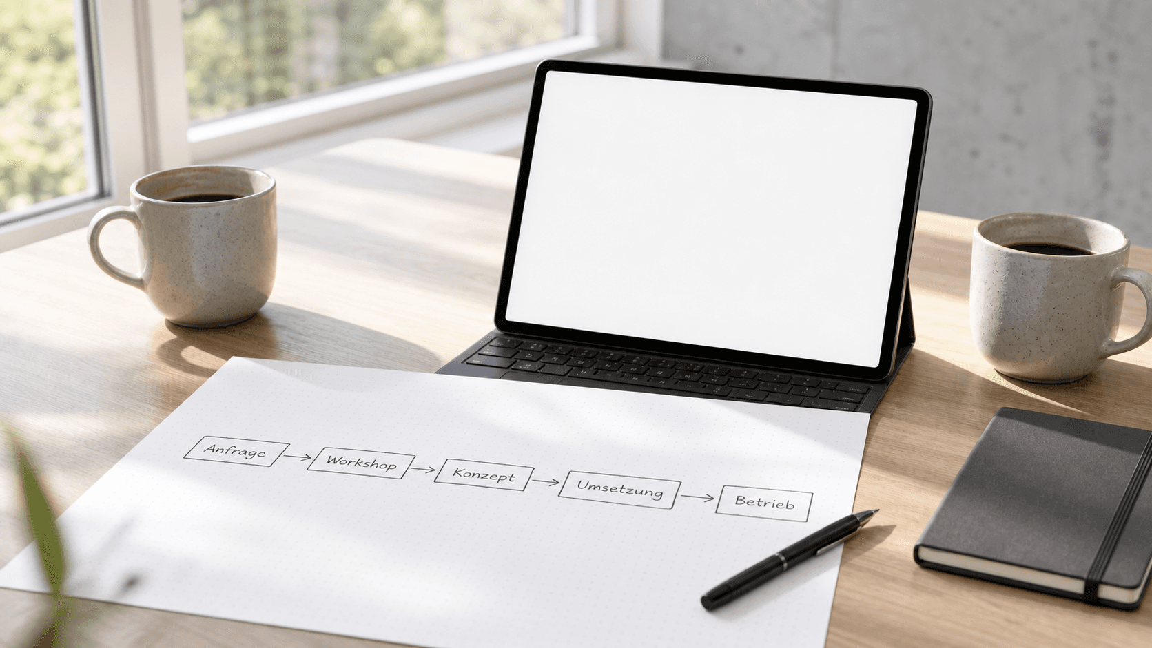 Heller Arbeitsplatz für die gemeinsame Planung einer digitalen Lösung