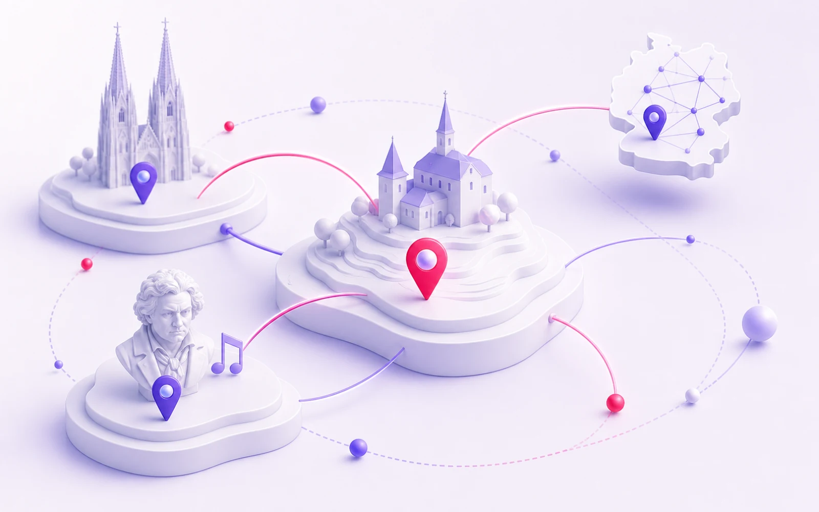 3D-Regionenkarte mit Siegburg, Bonn, Köln und digitaler Verbindung zu deutschlandweiten Projekten