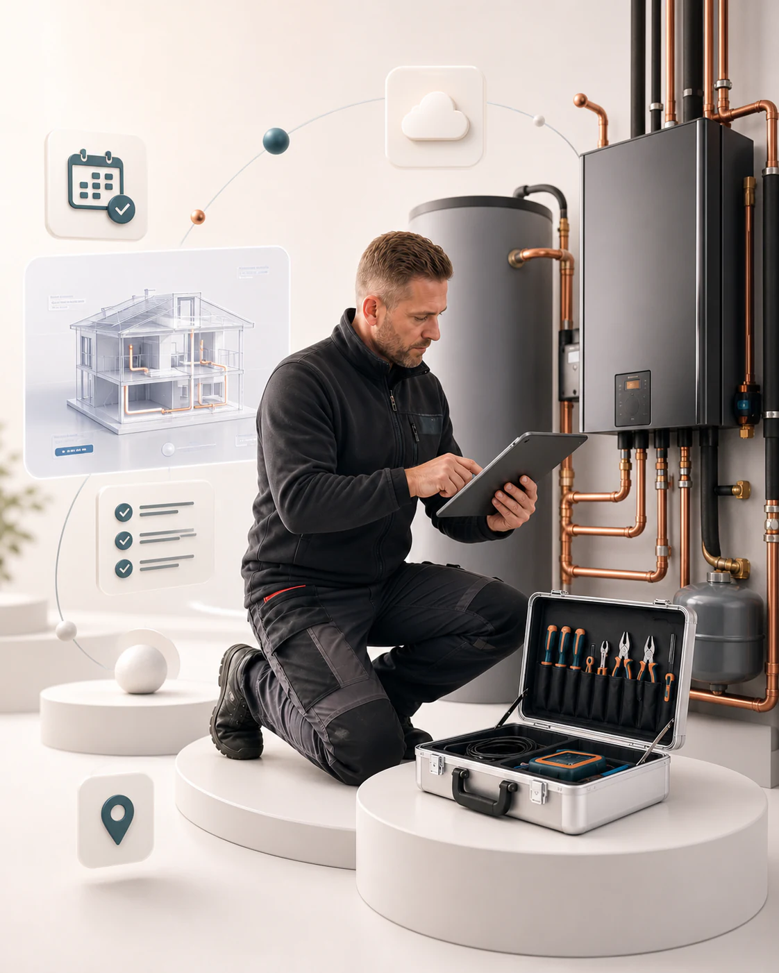Techniker arbeitet an einer modernen Heizungsanlage