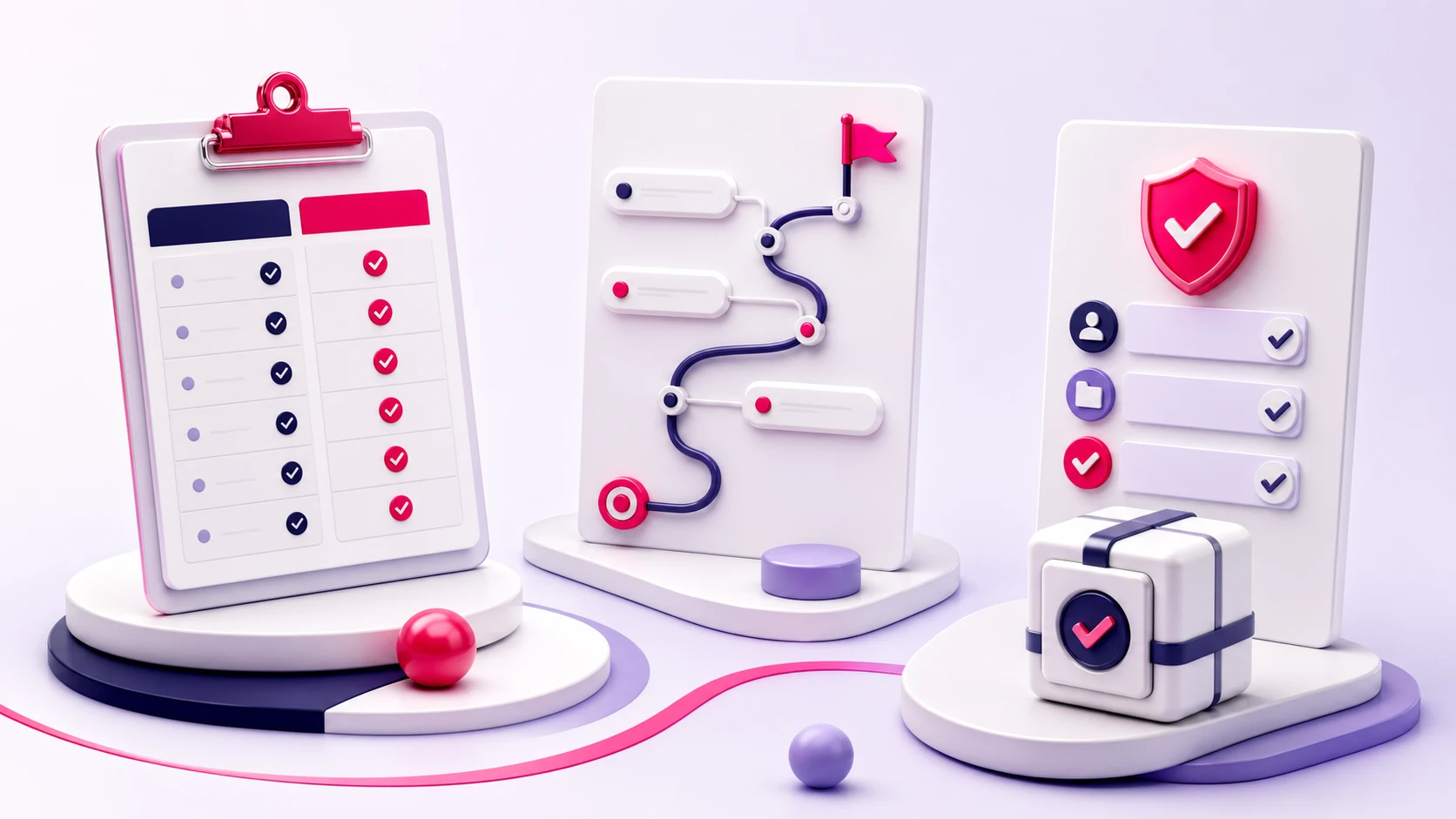 3D-Darstellung eines digitalen Kurzchecks mit Aufgabenkarte, Entscheidungspfad und sicherer Auswertung