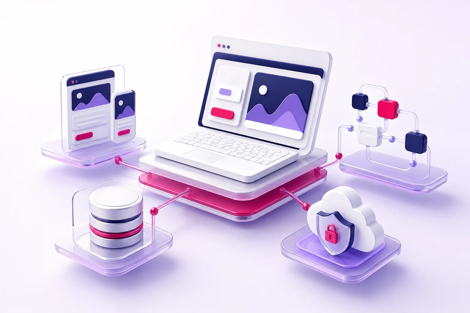 3D-Darstellung einer verbundenen Webplattform mit Oberfläche, Daten, Logik und sicherem Betrieb