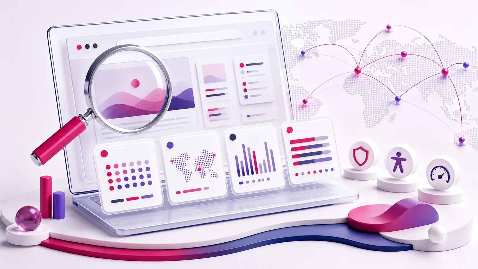 3D-Darstellung einer regionalen Website-Analyse mit Browser, Prüfkarten und Auswertung