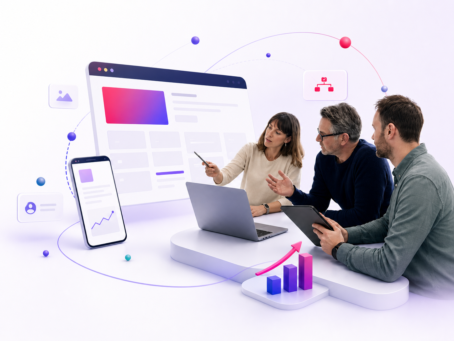 Team einer regionalen Webdesignagentur entwickelt gemeinsam das Konzept für eine Unternehmenswebsite