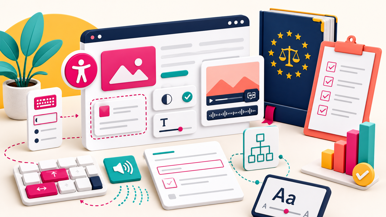 Barrierefreie Website mit Tastaturnavigation, Kontrast, Untertiteln, Formularbeschriftung und strukturierter Prüfung