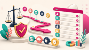 Helle Zeitleiste mit Gericht, Datenschutzschild, Dokumenten, Prüfpunkten und praktischer Compliance-Checkliste