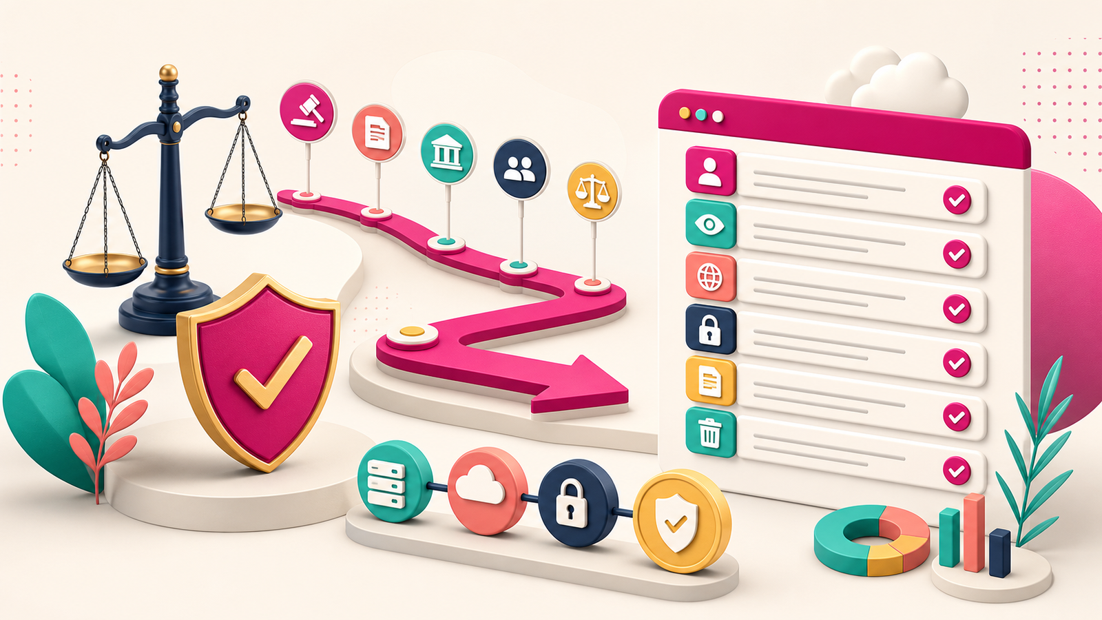 Helle Zeitleiste mit Gericht, Datenschutzschild, Dokumenten, Prüfpunkten und praktischer Compliance-Checkliste