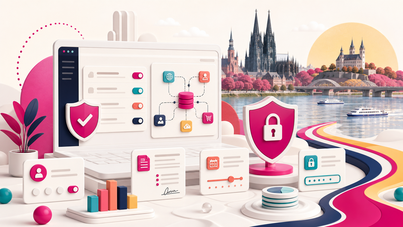 Datenschutzkontrollen einer Website vor regionalen Silhouetten von Köln, Bonn und Siegburg entlang des Rheins