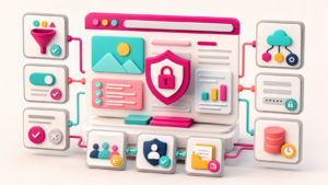Website-Architektur integriert Datensparsamkeit, sichere Voreinstellungen, Einwilligung, externe Dienste, Formulare, Speicherfristen und Zugriffsrechte