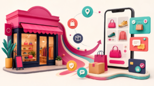 Lokales Ladengeschäft verbindet sich mit mobilem Onlineshop, Warenbestand, Abholung, sicherem Checkout und Kundenkommunikation