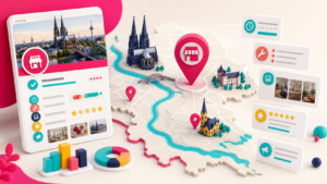 Regionales Unternehmensprofil auf einer Rhein-Karte verbindet Standort, Öffnungszeiten, Leistungen, Bilder, Bewertungen und Aktualisierungen