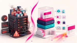 Überlastetes Standard-Hosting steht einem strukturierten Managed Hosting mit Backup, Monitoring, Sicherheit und schneller Auslieferung gegenüber