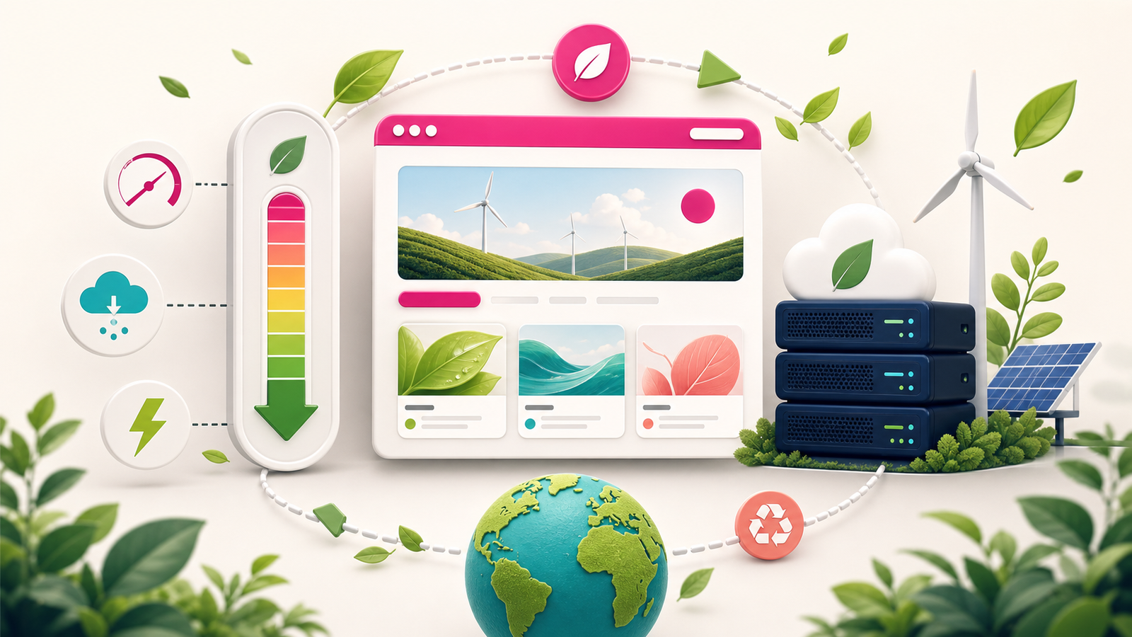 Helle Website mit optimierten Medien, sinkendem Energiebedarf, grünem Hosting und erneuerbarer Energie