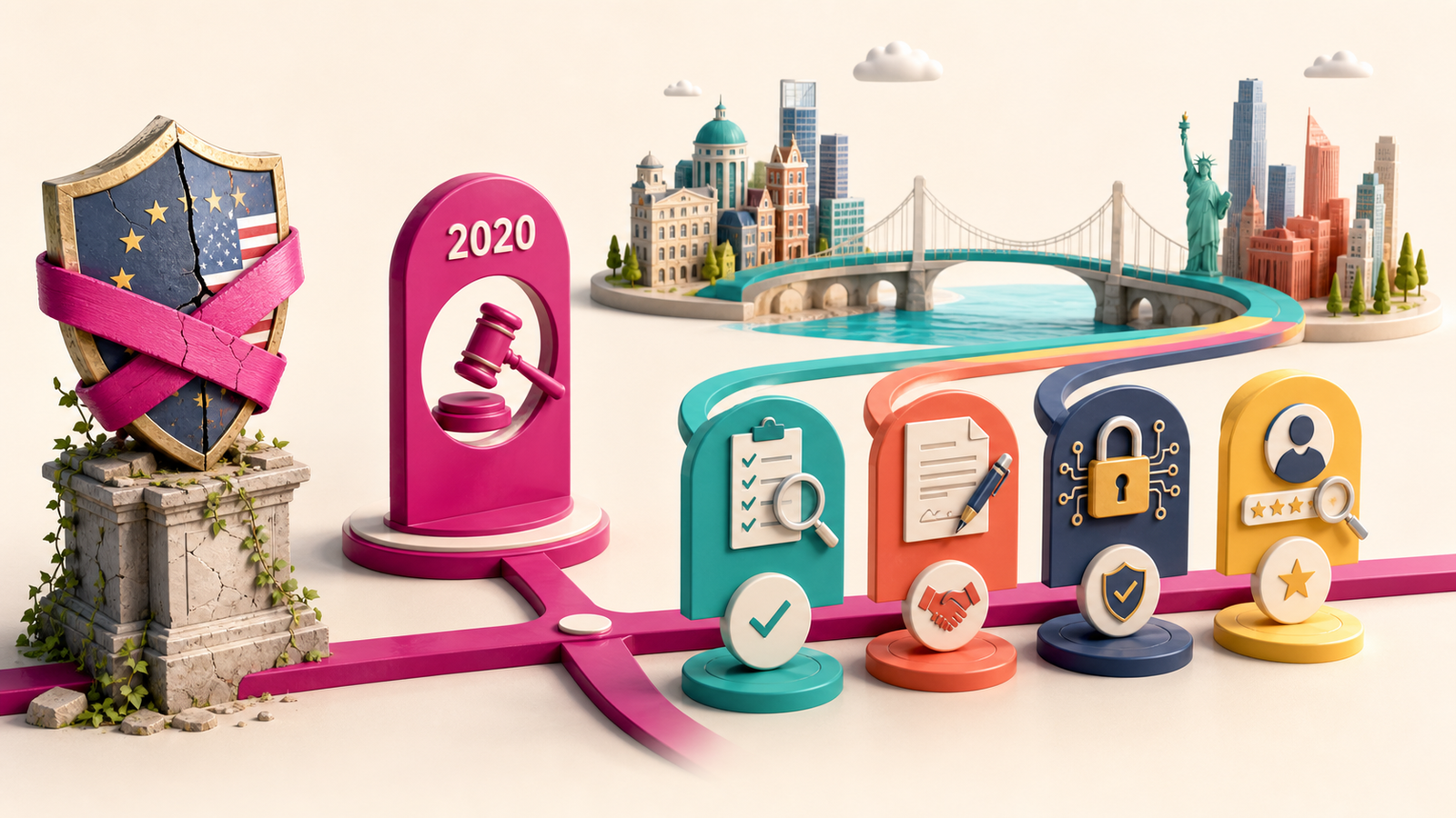 Ein ausgemustertes Datenschutzschild markiert 2020 einen rechtlichen Wendepunkt, während Datentransfers über Prüfung, Verträge, Verschlüsselung und Anbieterbewertung neu organisiert werden