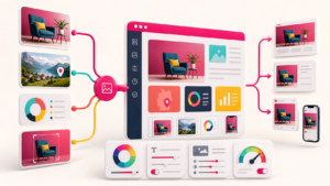 Helles visuelles Content-System mit Produktmotiv, regionalem Bild, Infografik, verschiedenen Bildformaten und konsistenter Gestaltung