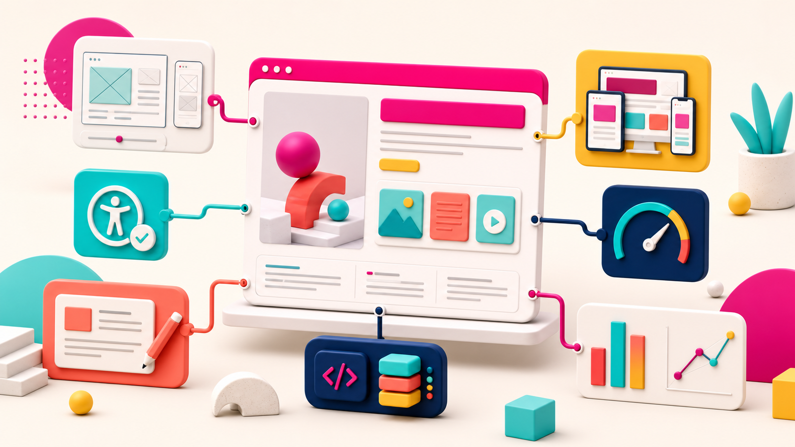 Helles modulares Webprojekt verbindet UX, Inhalte, Barrierefreiheit, responsive Gestaltung, Performance, Technik und Analyse