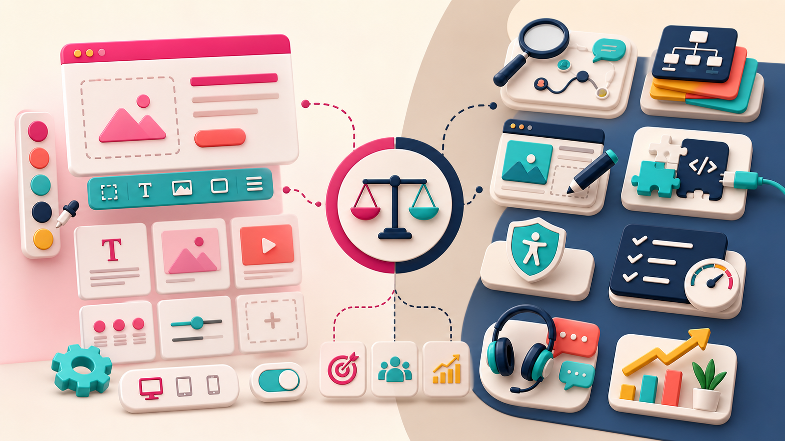 Ausgewogener Vergleich zwischen Homepagebaukasten und individuellem Webdesign mit Strategie, UX, Integration, Tests und Support