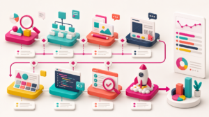Helles Projektmodell verbindet Analyse, Seitenstruktur, Inhalte, UX, Designsystem, Entwicklung, Tests, Launch und Auswertung