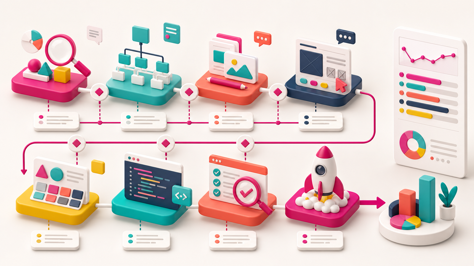Helles Projektmodell verbindet Analyse, Seitenstruktur, Inhalte, UX, Designsystem, Entwicklung, Tests, Launch und Auswertung