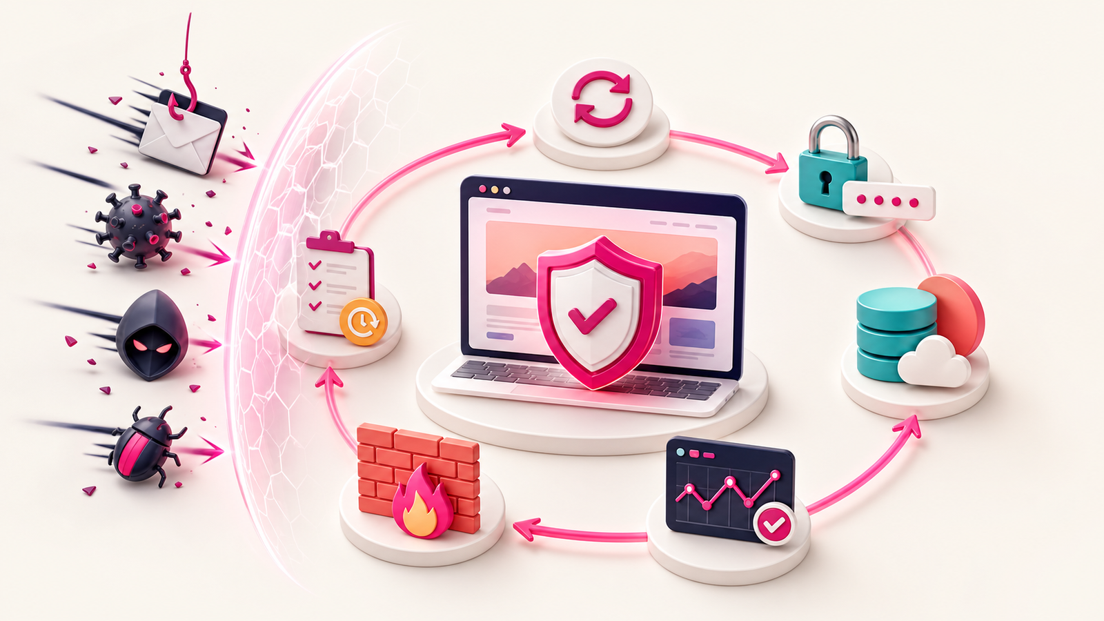 Eine Website wird durch laufende Updates, Anmeldung, Backups, Monitoring und Firewall vor digitalen Angriffen geschützt