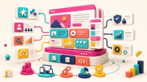 Modulare Website-Basis verbindet Inhalte, responsive Gestaltung, Erweiterungen, Rollen, SEO, Performance, Sicherheit und Wartung
