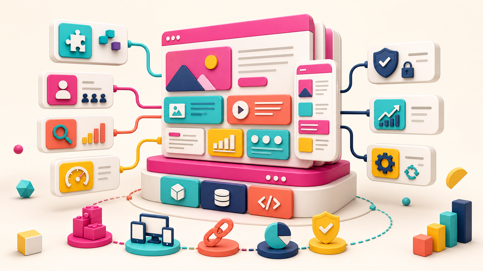 Modulare Website-Basis verbindet Inhalte, responsive Gestaltung, Erweiterungen, Rollen, SEO, Performance, Sicherheit und Wartung