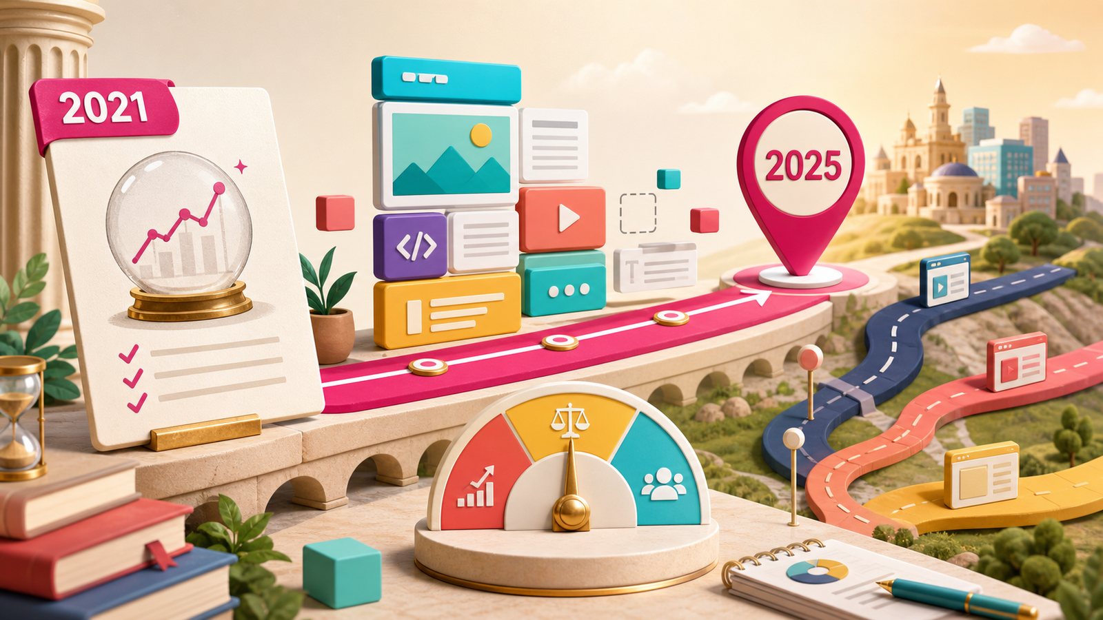 Eine Prognose aus dem Jahr 2021 führt über eine Zeitleiste zu einem späteren Prüfpunkt mit CMS-Bausteinen, Alternativen und Analyse