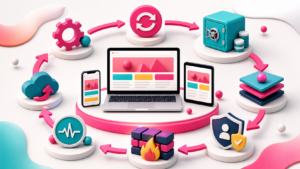 Website-Sicherheitskreislauf verbindet Updates, Backups, Staging, Zugriffsschutz, Firewall, Monitoring und Wiederherstellungstest