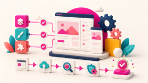 WordPress-Website durchläuft Backup, Staging, Kompatibilitätstest, Sicherheitsprüfung und kontrollierte Aktualisierung