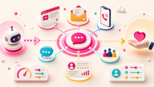 Helles Kommunikationszentrum verbindet Chat, E-Mail, Telefon, Messenger und Kundenhistorie mit menschlicher Übergabe