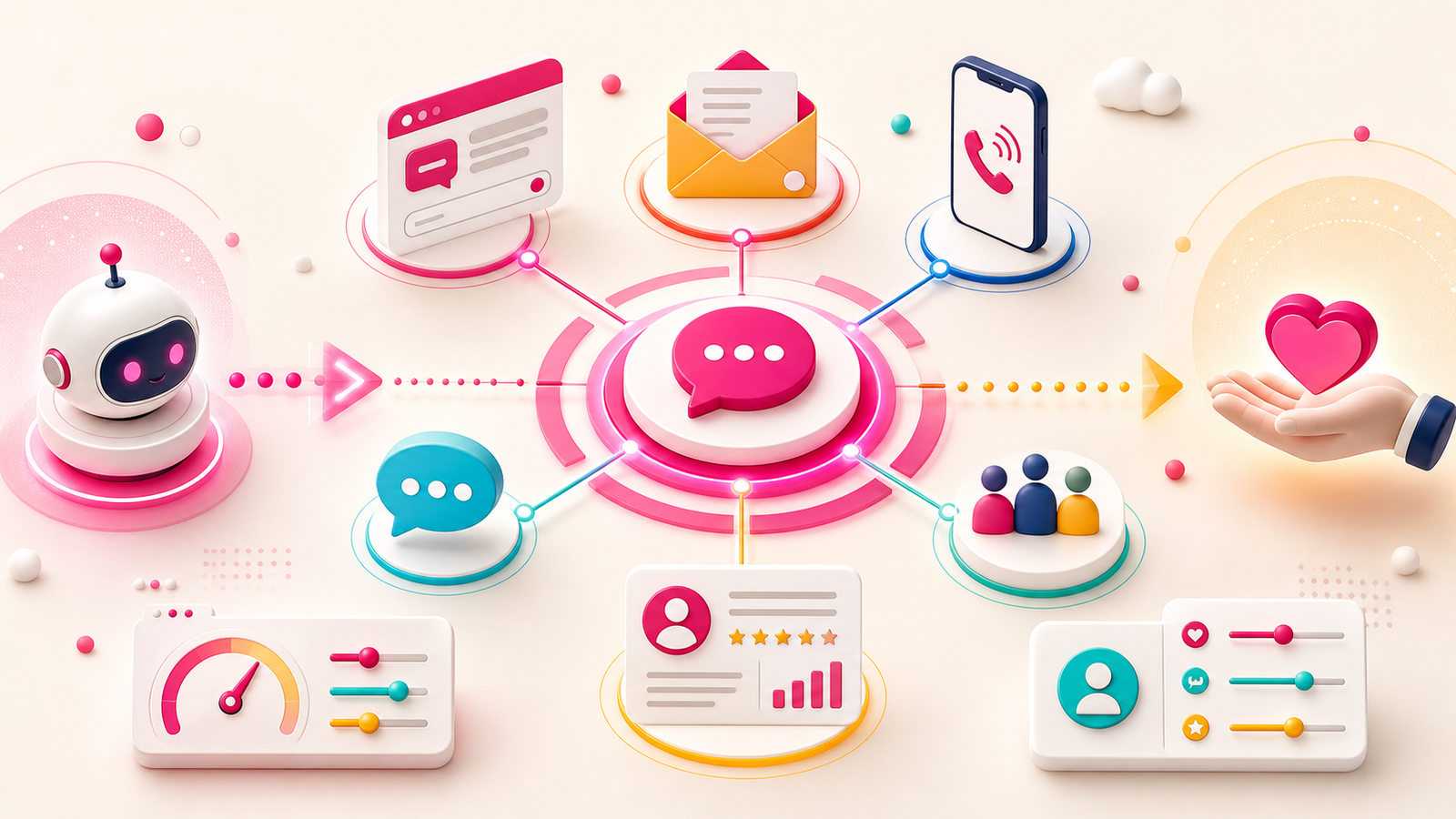 Helles Kommunikationszentrum verbindet Chat, E-Mail, Telefon, Messenger und Kundenhistorie mit menschlicher Übergabe