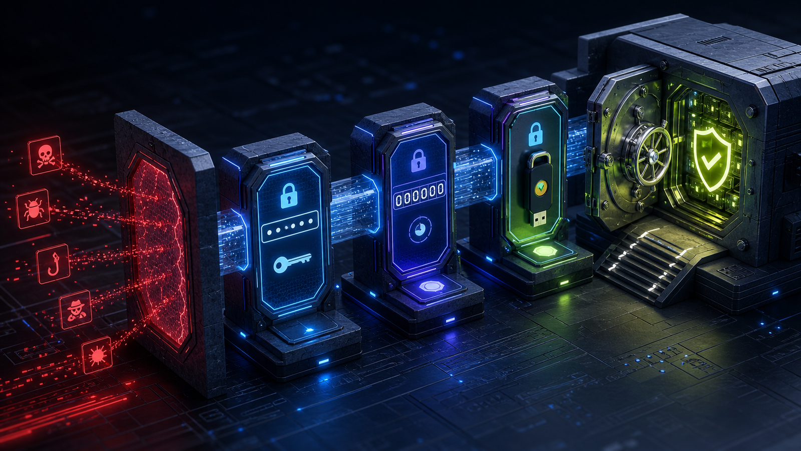Passwort, Authenticator-Code und Sicherheitsschlüssel bilden mehrere Schutzstufen vor einem digitalen Tresor